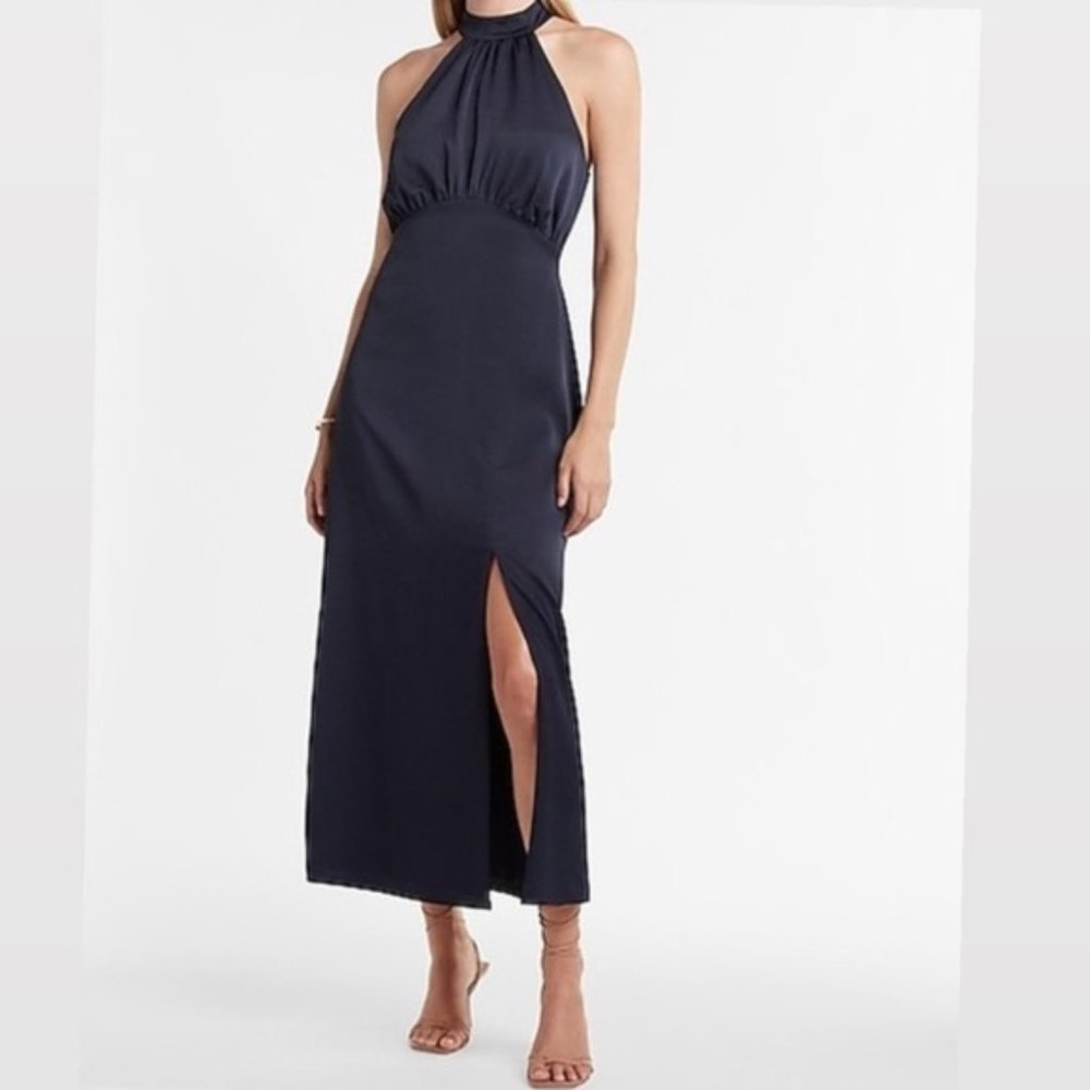 EXPRESS Satin Halter Maxi Slit Dress New With Tags Navy Blue/ Black Small